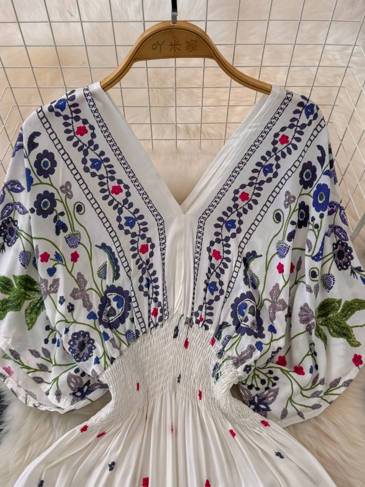 Women Slim Long Dress Embroidery V-neck Bohemian Ethnic Seaside Vacation Beach Boho Summer 2025