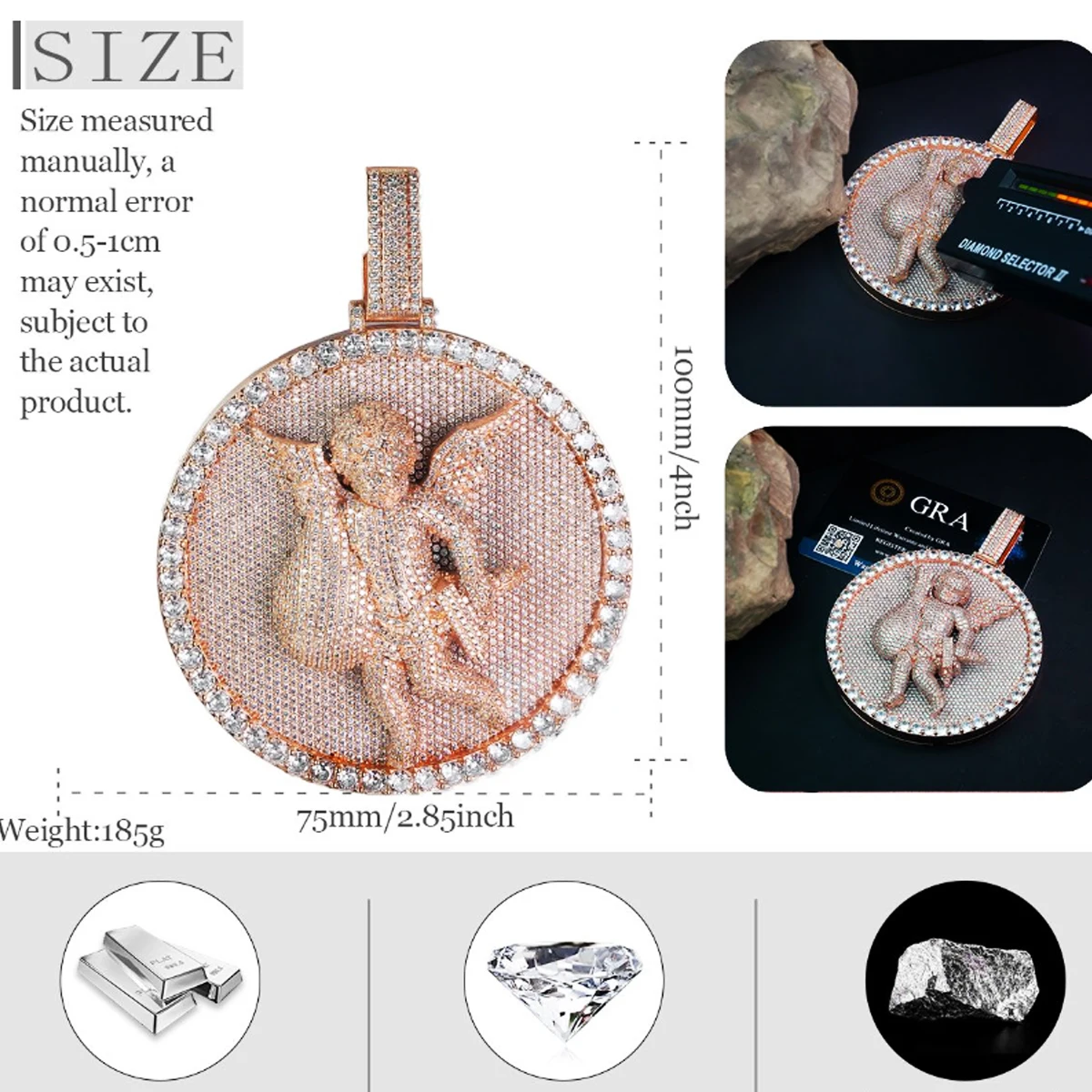 3D Hip Hop Jewelry Bling Luxury Religious Cupid Charm Necklace Accessory For Men Women Party Club Daily Wear Streetwear Statement Fine Jewelry Gifts Full Micro Paved Sparkling CZ 18K Rose Gold Plated Round Disc Iced Out Cherub Angel Medallion Pendant