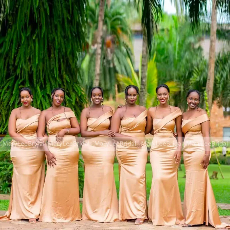 

One Shoulder Champagne Bridesmaid Dresses Mermaid Satin Plus Size Long Wedding Party Dress Customized Ladies Reception Gowns