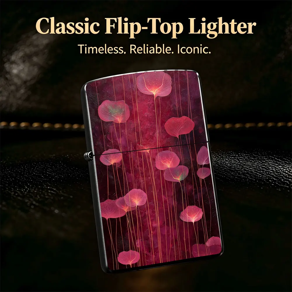 Pocket Lighter, Flip-Top Design, Metal Case with Pink Lotus Leaves Pond Painting, Windproof Flame, Comfortable Grip, Portable & Refillable