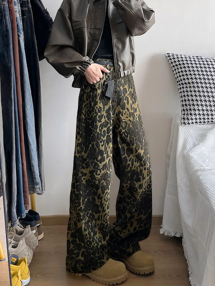 

American Style Leopard Print Men's Jeans High Street Fashion Straight Leg Wide Leg Autumn Winter Trendy Trousers