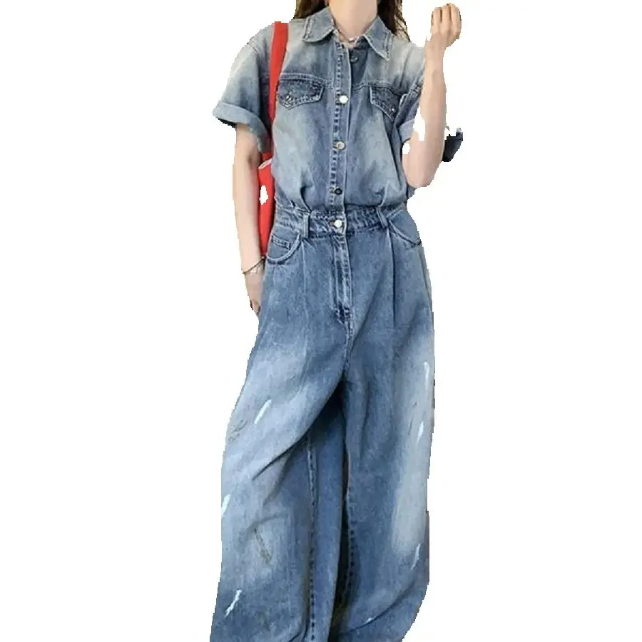Korean Temperament Old Retro Denim Jumpsuit Women 2025 Summer New Niche Casual Design All-In-One Jumpsuit