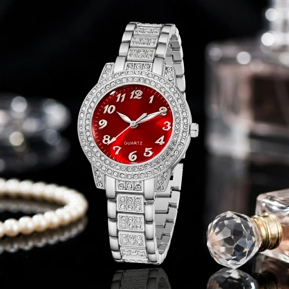 4Pcs/Set Unisex Jewelry Watches Women's Wristwatch Accessories Silver Red Trendy Fashionable Elegant Classic Exquisite Light Luxury Rhinestone Luxury Bracelet Watch Set Y2K Suitable for Daily Outfits Perfect Holiday Gift