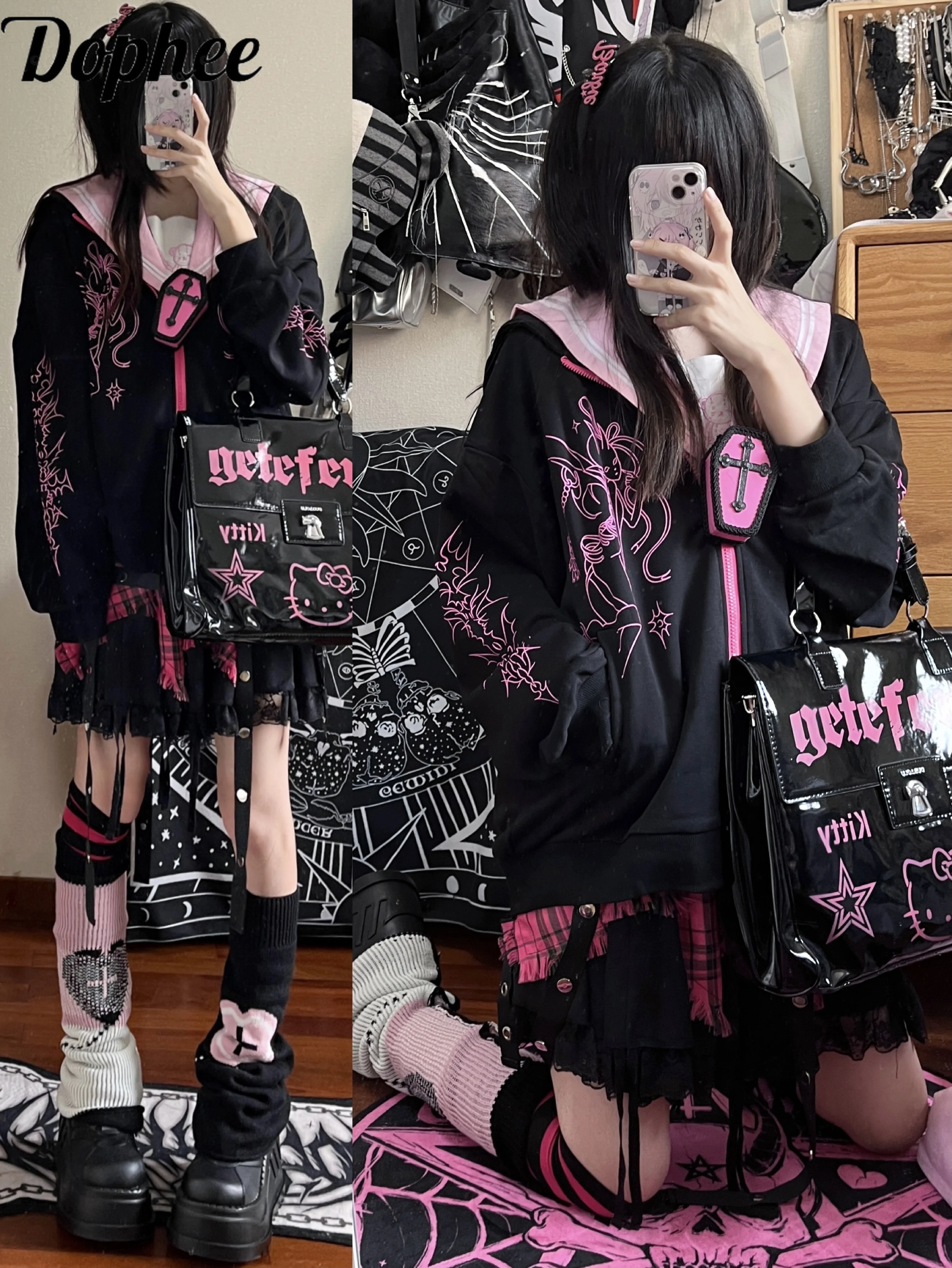 Dophee Original Japan Style Harajuku Sweatshirts Spice Girls Y2k Hooded Loose Zip Cardigans Coat Printing Hoodies Jackets Trendy