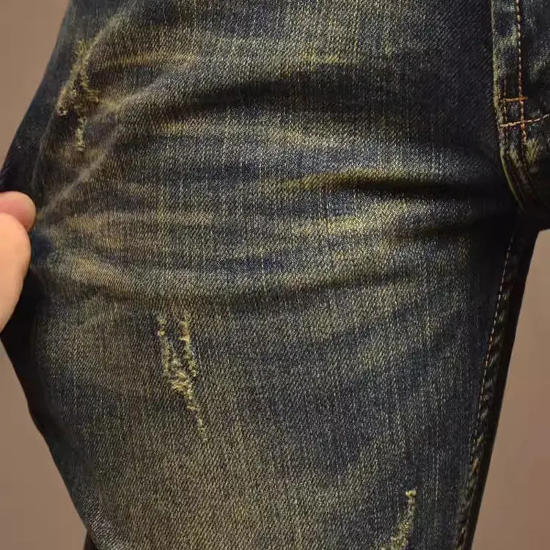 Newly Designer Fashion Men Jeans High Quality Retro Washed Blue Stretch Slim Fit Ripped Jeans Men Vintage Casual Denim Pants