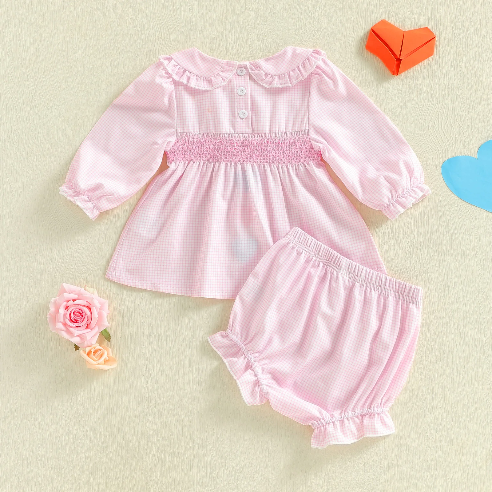 طقم ملابس للفتيات الصغيرات مكون من قطعتين، فستان وسروال قصير بياقة دمية مكشكشة وأكمام طويلة