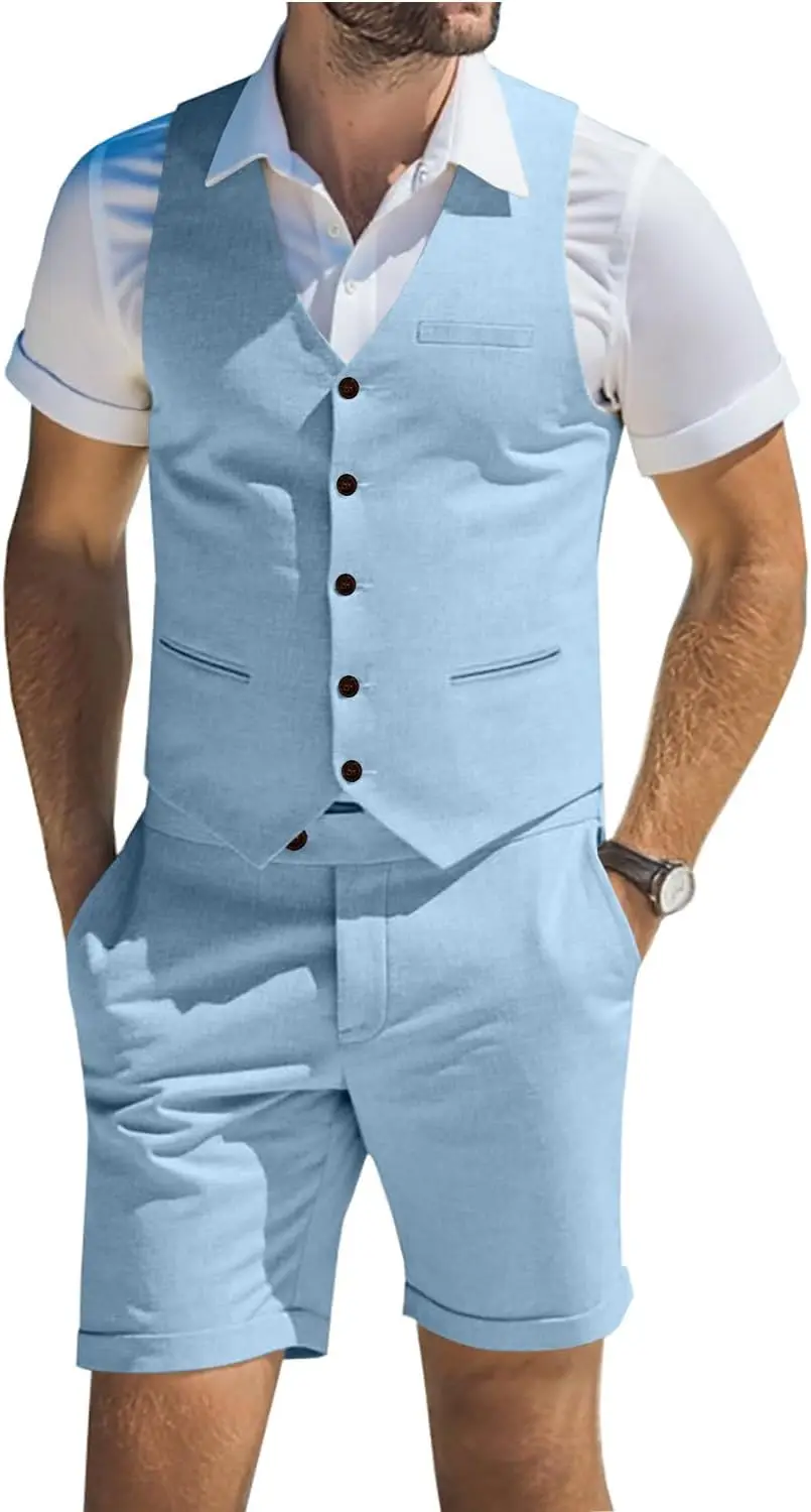 Men's Suit Linen 2 Piece Vests Short Pants Suits for Men Casual Summer Beach Groomsmen Wedding Waistcoat Set