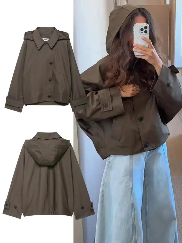 

HH 2025 повседневный женский непромокаемый плащ с капюшоном, осенний женский однобортный короткий ветровка с длинными рукавами, женская уличная одежда