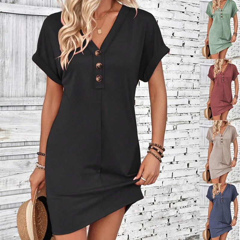 

Fashion Shirt Dress For Women Loose Short Sleeve V Neck Button Design Dresses Casual Solid Color Dress dresses for women