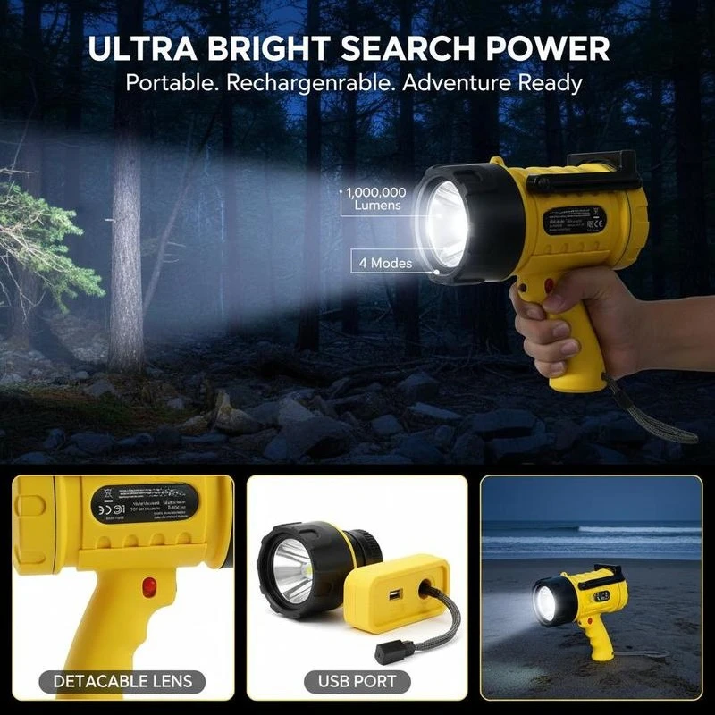 Handheld Searchlight 1000,000 Lumens For Hunting Boating Camping, 4 Modes Detachable Lens USB Port Rechargeable Battery Portable High Lumens LED Outdoor Equipment view 3