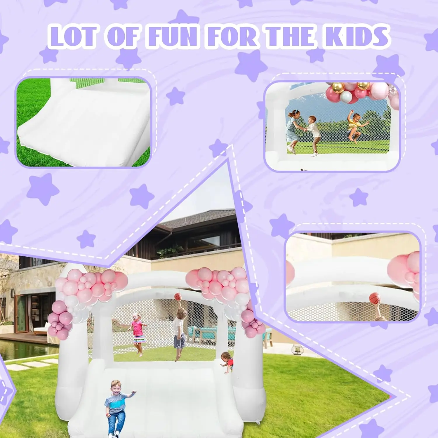 Nadmuchiwany domek do skakania White Castle 3,6 m x 2,7 m x 2,2 m, do użytku wewnątrz i na zewnątrz, z zjeżdżalnią i dmuchawą.