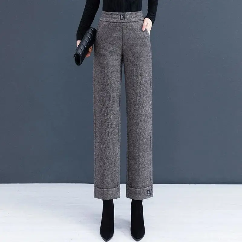 Simplicity Fashion Autumn Winter Woolen Pants Women Solid Pockets High Waist Plus Velvet Straight Wide Leg Ankle Length Trousers