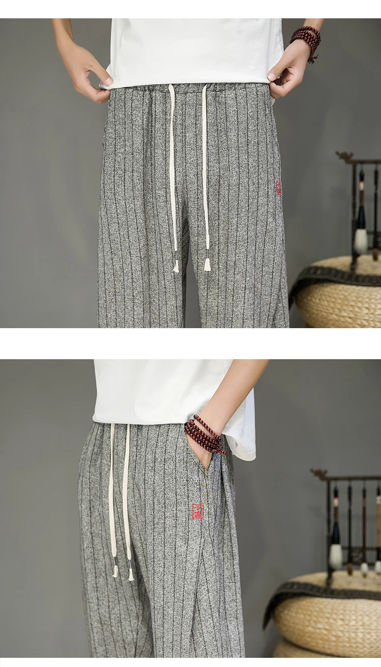 Primavera Verão Calças para Homens Confortável e Respirável Algodão e Linho Casual Calças Moda Stripe Harem Pants Homem