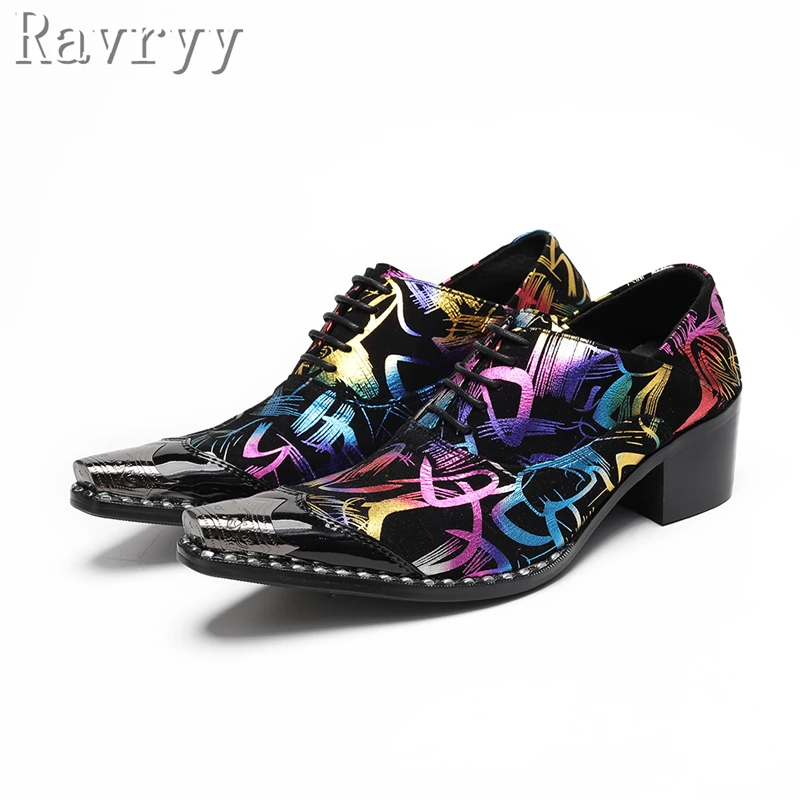 Colorful Prints Genuine Leather Men Shoes Luxury Design Metal Toe Lace Up High Heel Oxford Shoes Rivets Party Club Dress Shoes