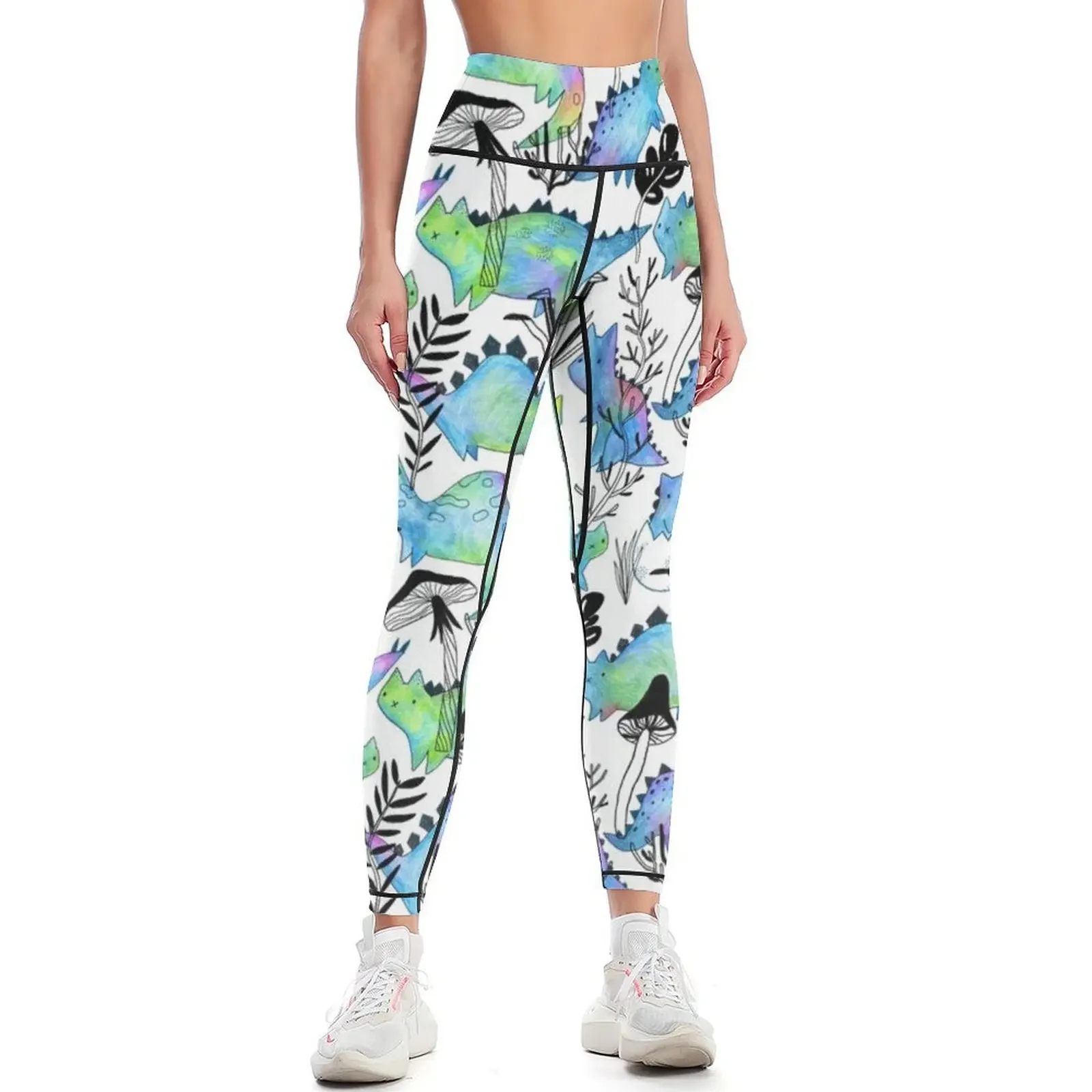 

Pencil catosaurs and plants. Funny dino cats and mushrooms. Leggings Clothing fitness gym wear Womens Leggings