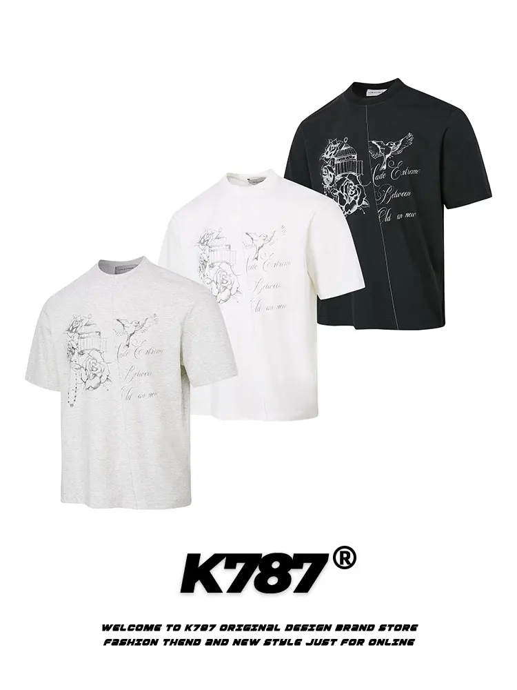 

K787 American Retro Rose Print ort Sve T-irt ex Casual Cleanfit Summer Top for Couples Youth Faion Cotton Blend