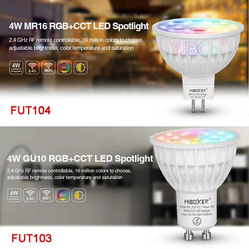 

Miboxer 4W GU10 MR16 RGB+CCT LED Spotlight FUT103 FUT104 12V 110V 220V Indoor Lamp 2.4G RF Remote Controller APP Control Milight