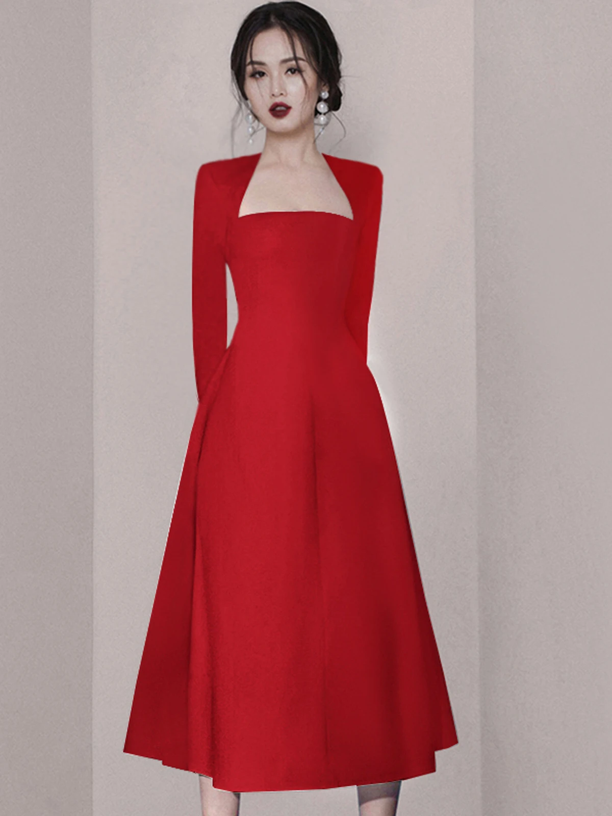 

Spring New Red Long Sve Dr Wedding Dr Maid of Suit Evening Gown Luxury mat Polyester Fiber A-Line Skirt