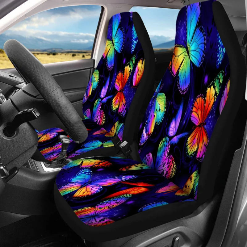 Set Of 2 Front Seat Covers For Cars, Featuring A Colorful Butterfly Design. These Breathable Vehicle Cushions Do Not Have Back P