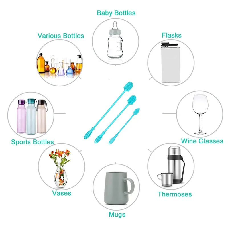 

【Срочная сделка!】Набор из 3 силиконовых щеток для бутылок, щетки для чистки бутылок с длинной ручкой для узких контейнеров, бутылок с водой
