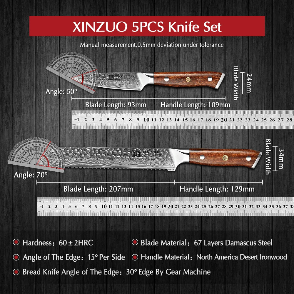 XINZUO Damascus Steel 5PCS Kitchen Knives Set with North America Desert Ironwood Handle Stainless Steel Chef Bread Paring Knife