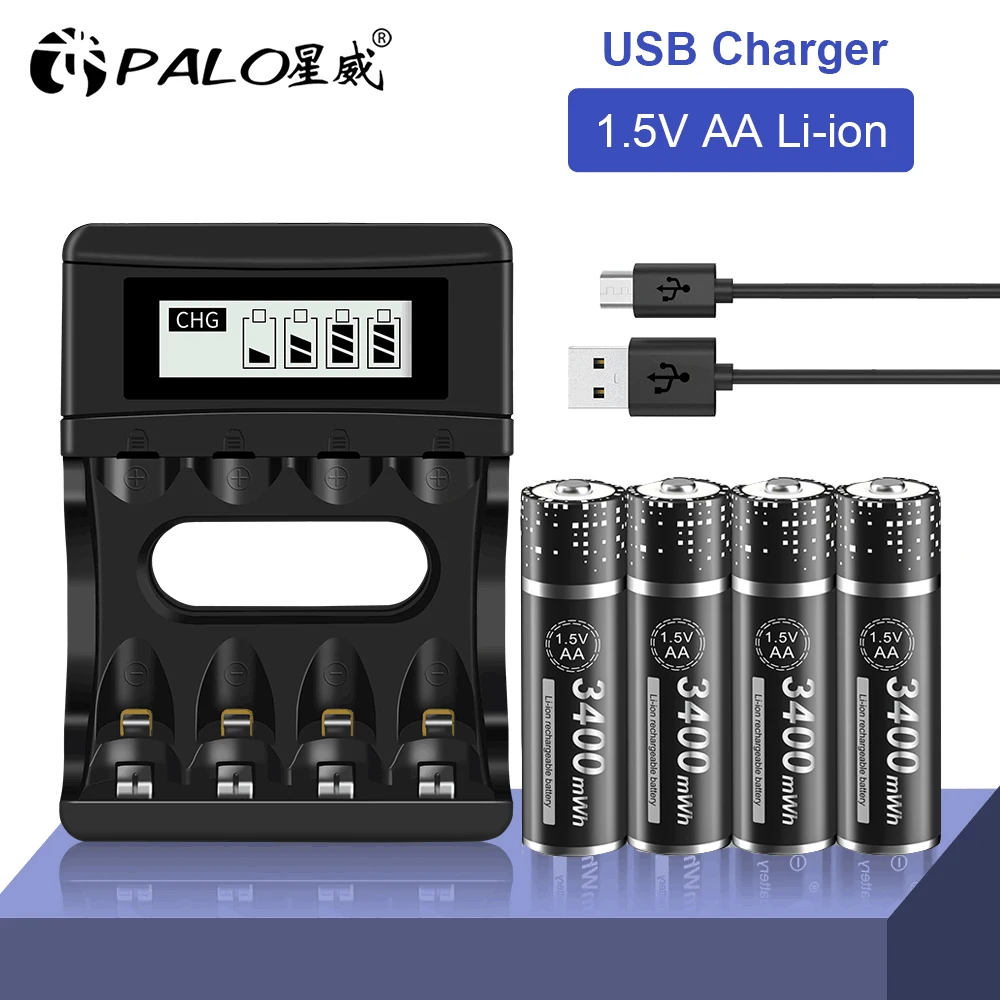 PALO 1.5V AA Li-ion Battery Charger Lithium 3400mWh 1.5 V Liion AA Rechargeable Batteries for Remote Control Toy Battery Light