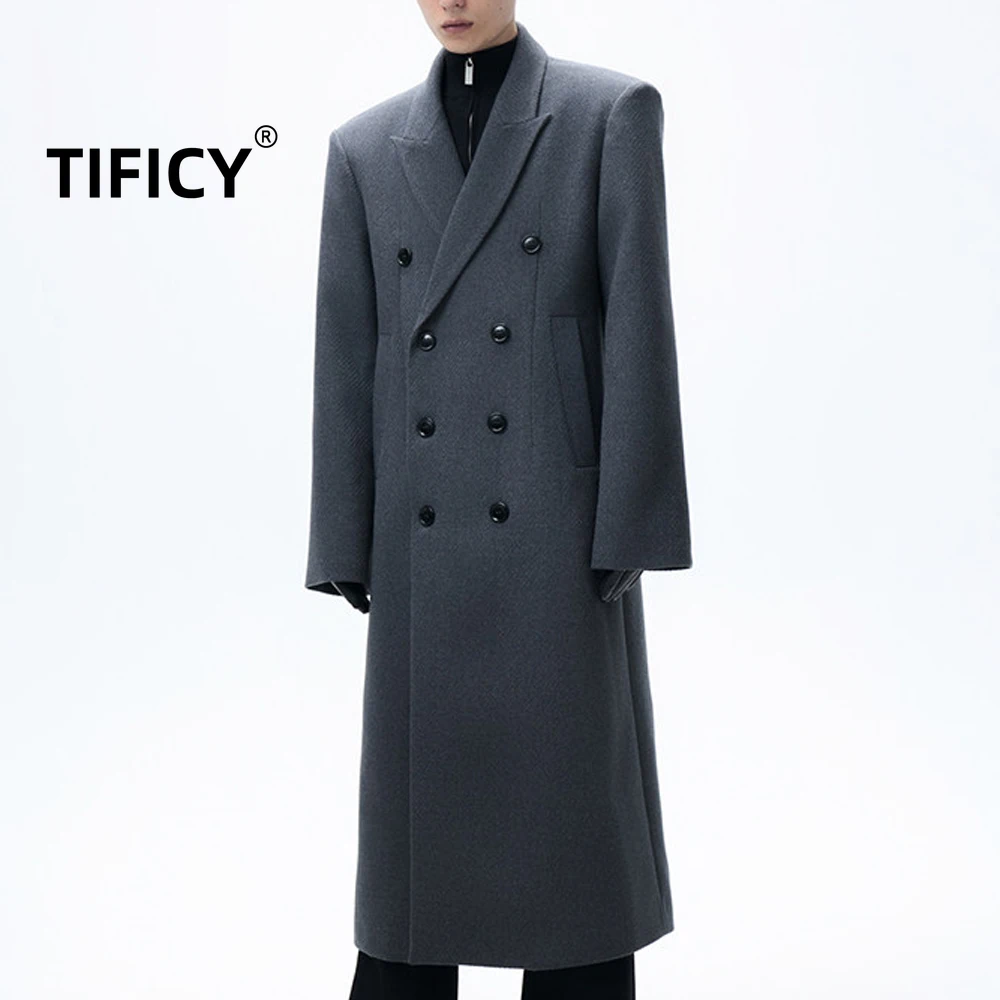 

High Street Woolen Long Costs Men's Long Waisted Double Breasted Coat with Gray Loose Silhouette and Thick Warm Woolen Coat