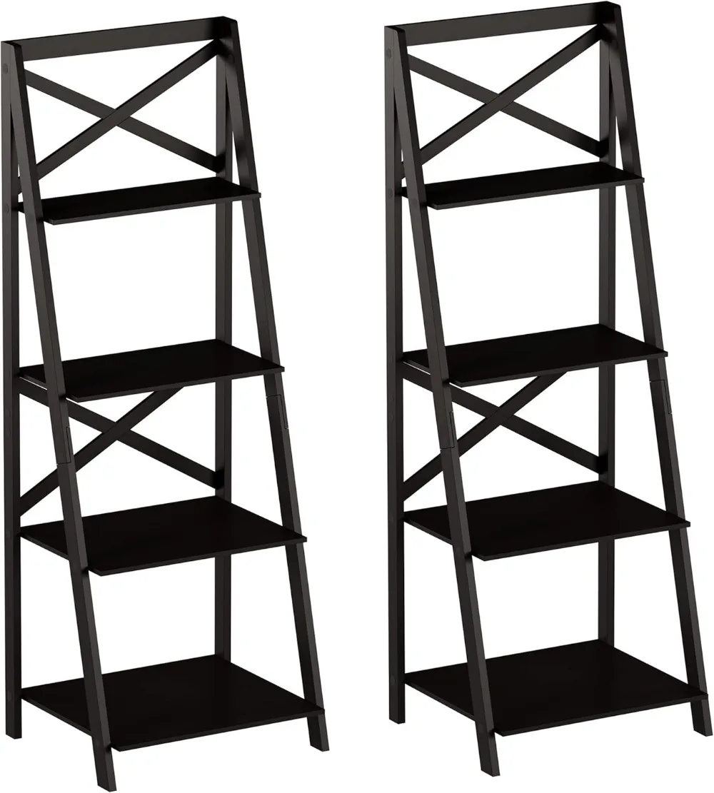 

4-Tier Ladder Bookshelf Set – Set of 2 Free Standing Wooden Living Room Shelves – Decorative Bookcases for Home & Office (Black)