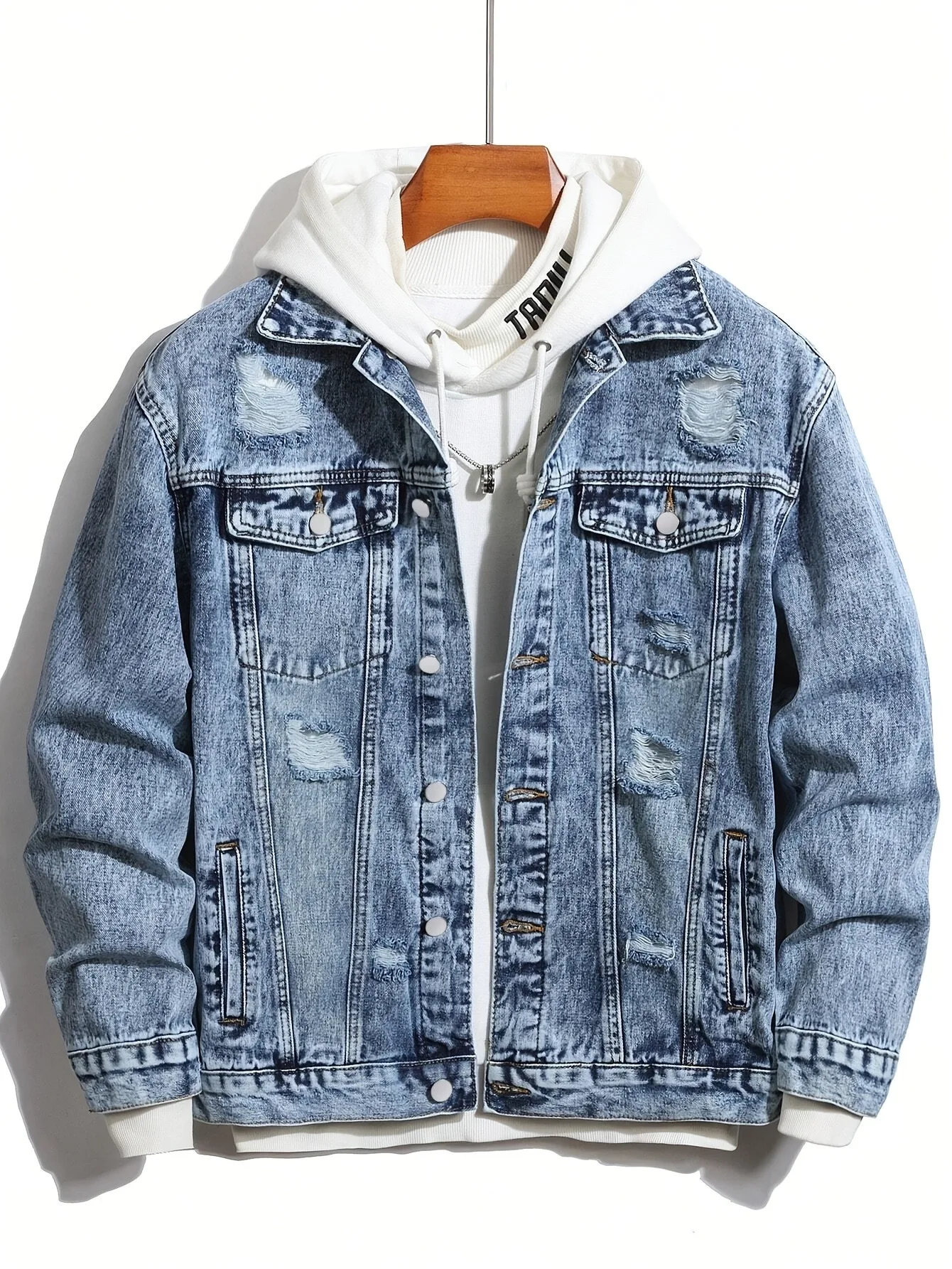 1PC Men's Four Seasons Explosion Destruction Washed Stone Wash Print Light Jacket Everyday American Street Casual Denim Jacket