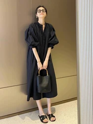 Stunning Black Shirt Dress Unique Beautiful Korean Style Long Sleeve A-Line Silhouette Drawstring Detail Polka Dot Print