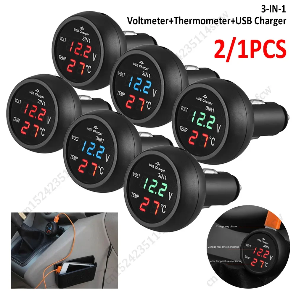 2/1PCS 3-in-1 12V/24V Car Volt Meter LCD Digital Display Car Voltmeter Thermometer Car USB Charger Current Meter Volt Detector