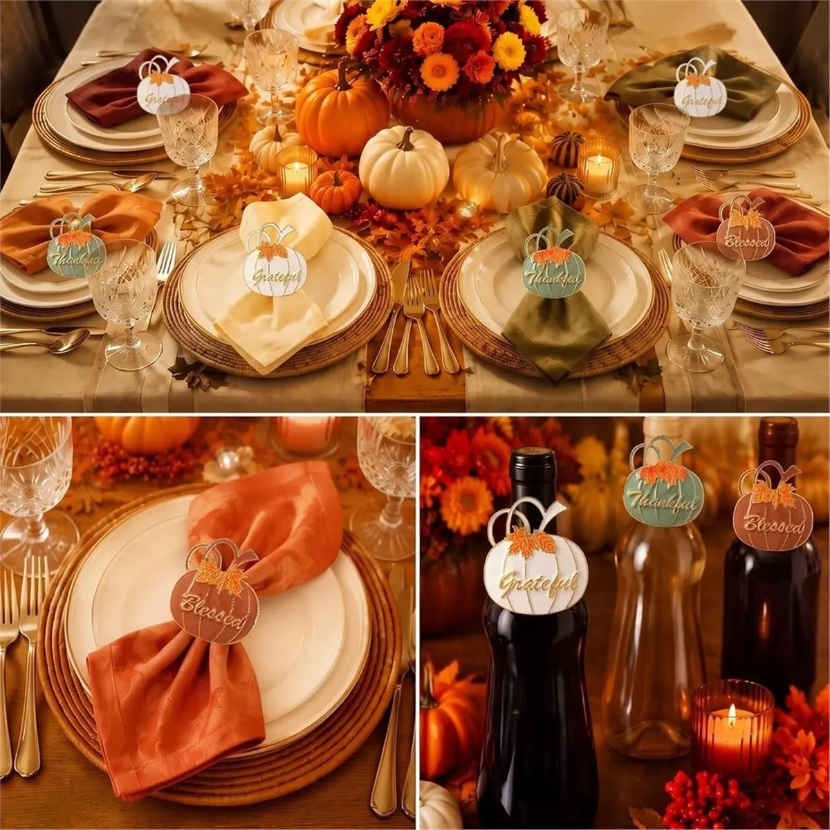 12 Pcs Thanksgiving Pumpkin Napkin Rings Pumpkin Maple Leaf Napkin Rings for Thanksgiving Halloween Table Decorations
