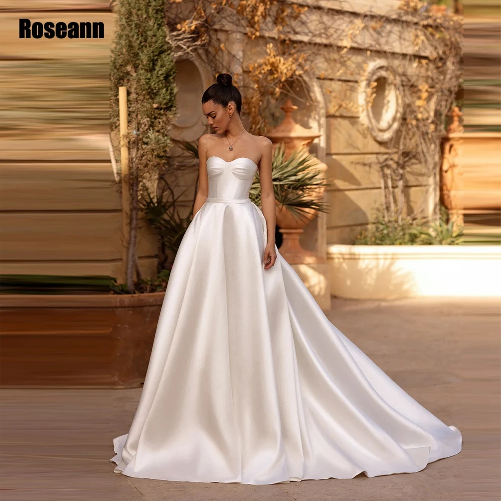 

White Satin Wedding Dresses For Women Simple Strapless Bridal Gowns Zipper Back Sweep Train A Line robe de mariée 2024 New