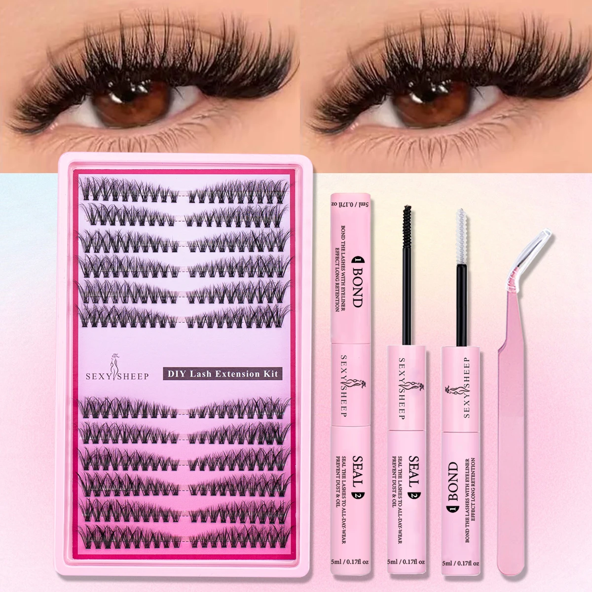 240pcs Fluffy Thick Lashes Clusters Wispy DIY Individual Lashes Extensions Clusters with Bond and Seal Tweezers