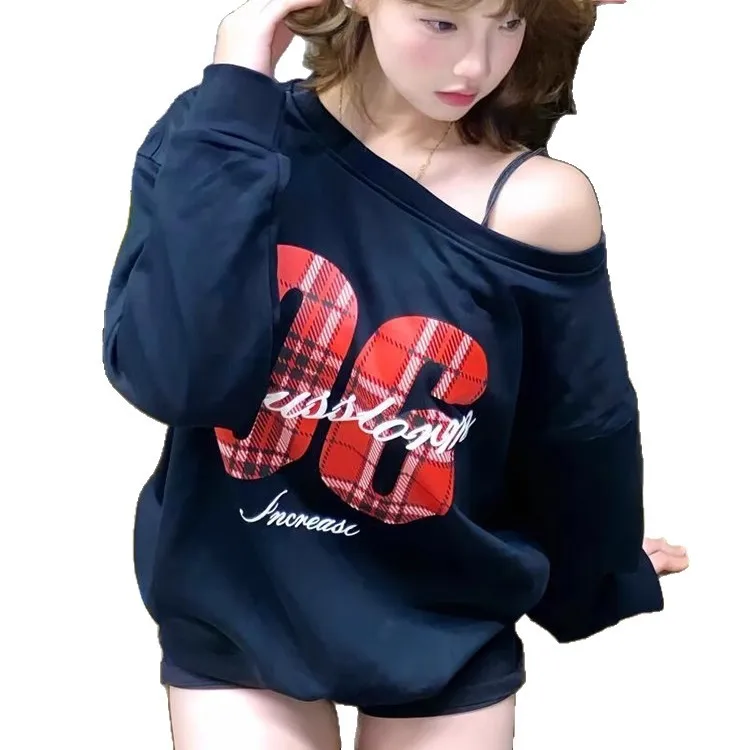 الأمريكية الرجعية الساخن فتاة البلوزات المطبوعة المرأة فضفاضة الكتف عارية رياضي تنوعا نمط جديد منتصف طول كم طويل Str... #5