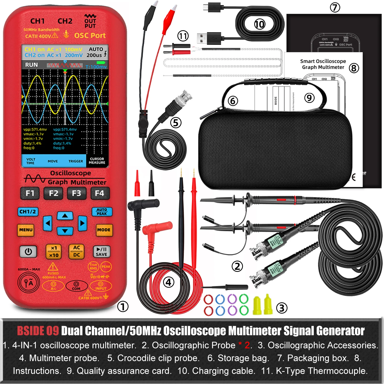 NIEUW Handheld Oscilloscoop Multimeter DDS Generator 2 Kanalen, 50 MHz Bandbreedte 250 MSa/s Bemonsteringssnelheid 20000 Telt voltmeter