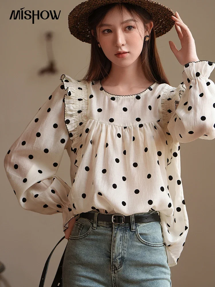 MISHOW Polka Dot Blouses for Women Spring/Summer French RUFFLES Petal Sleeve Loose O Neck Pullover Sweet Tops MXC14X0013