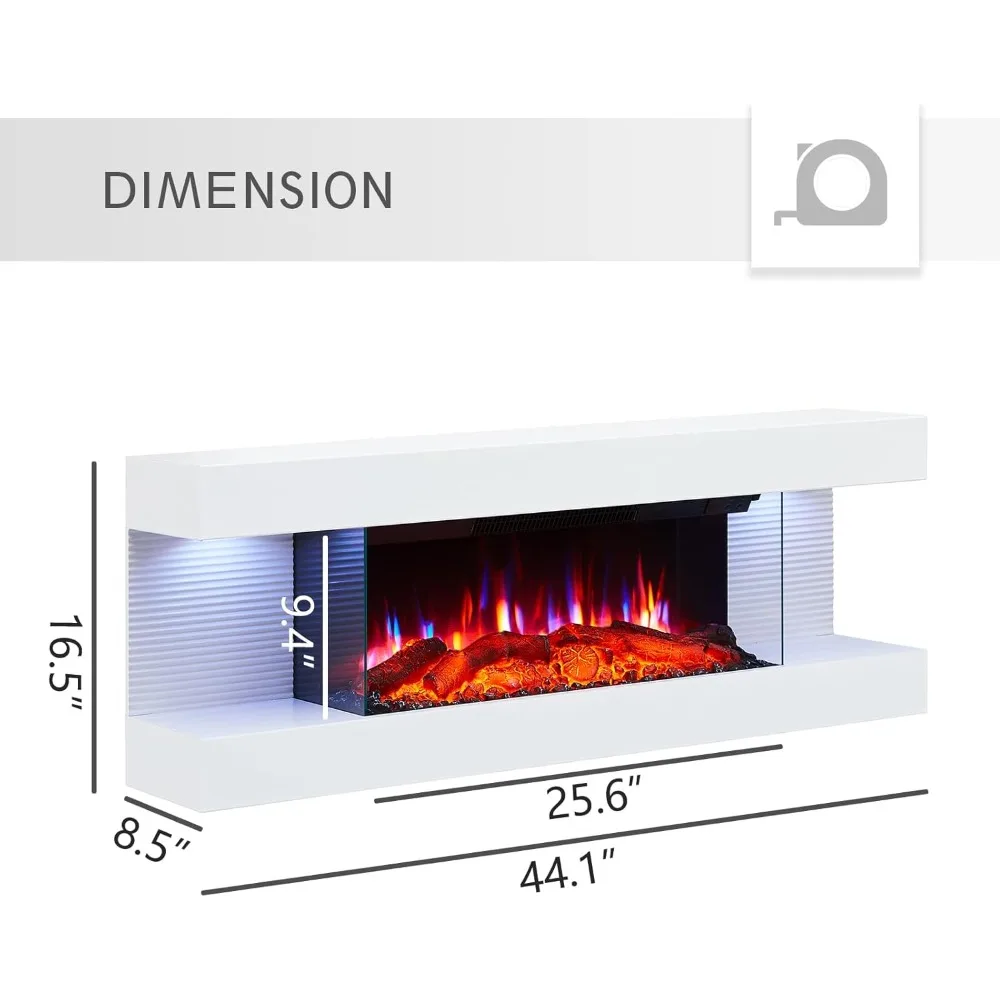 44 Inch Wall-Mounted Electric Fireplace by PuraFlame Alsa with Multi-Color Ambient Lights, Remote Control, 1500W Heating, White
