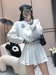 Gothic Cropped Baseball Jackets + Pleated skirt Suits Women Two piece sets Fashion Streetwear Vintage Aesthetic Bomber Autumn