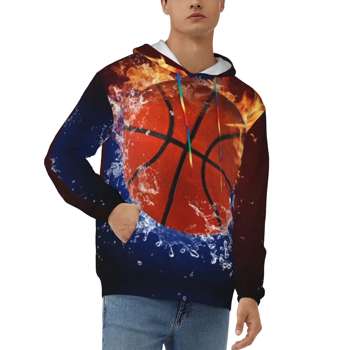 Basketball Ball In Fire Flames Mens Sweatshirt Long Sleeve Autumn Spring Casual Hoodies Top Boy Blouse