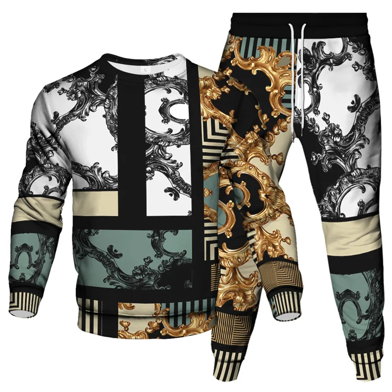 Baroque Style Vintage Luxury Royal Leopard Printing Golden Flower Men Women Tracksuit Sweatshirt Pants 2 Piece Sets Clothes Suit