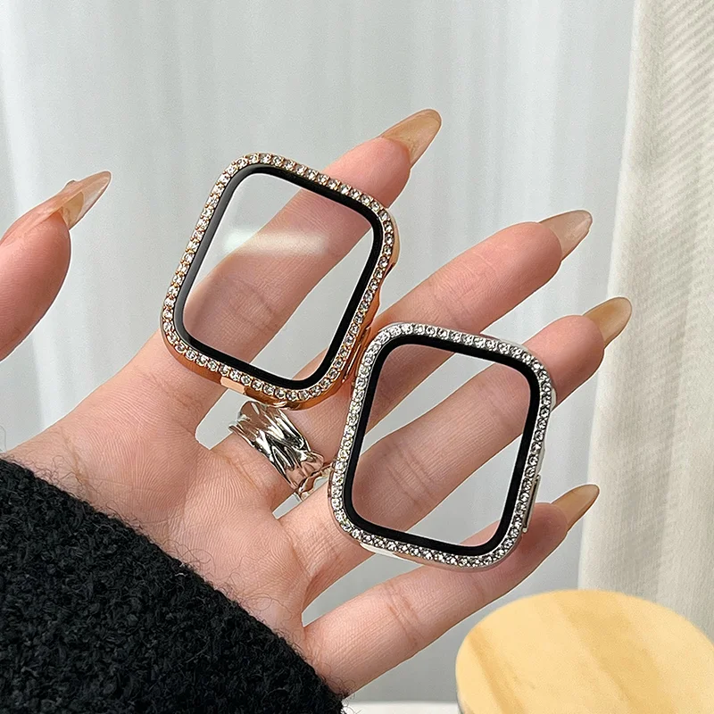 حزام جلدي نحيف + حافظة ماسية لساعة أبل سلسلة 11 10 9 8 7 6 5 SE Ultra iWatch band 42-46 مللي متر 41 مللي متر 40 مللي متر 44 مللي متر سوار نسائي