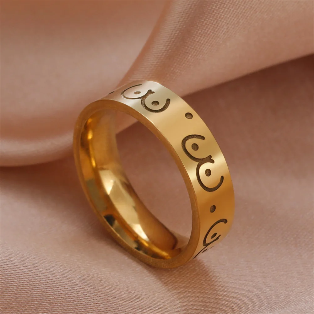 Stainless Steel Gold Color Disc Charms Graffiti Girl Boobs Finger Rings For Women Doodle Body Shape Funny Jewelry Best Friend