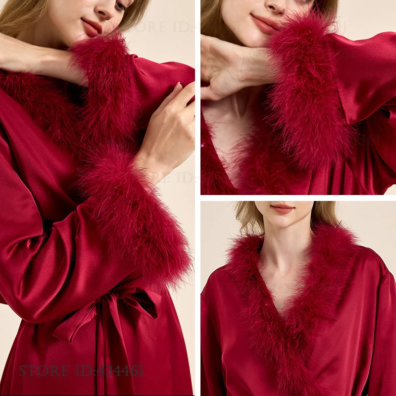 

Бордовый свадебный халат невесты с перьями, ночная рубашка, осенне-зимний утепленный халат, кимоно, свободная бархатная домашняя одежда, домашняя одежда, пижама