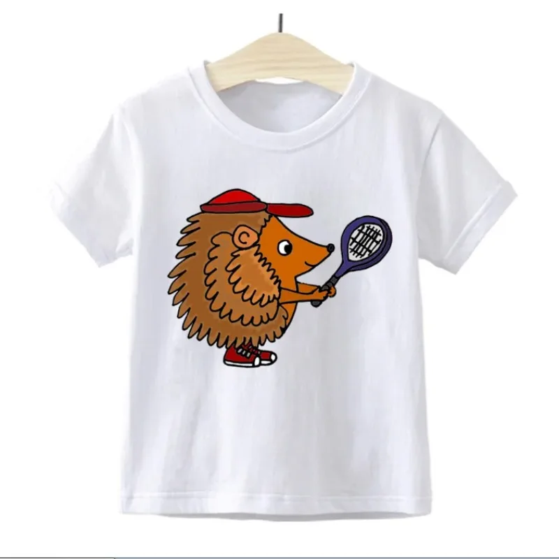 Manga curta Hedgehog Print Tees para meninos e meninas, roupas infantis, bebê Cartoons Tops, moda verão