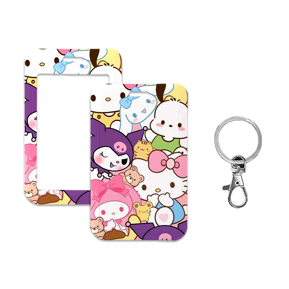 Sanrio PVC Titular do cartão com colhedores, Olá Kitty, Kuromi Melody, Kawaii Desenhos Animados, Cartão de Identificação, Caso de Proteção, Trabalho, Autocarro, Novo Conjunto