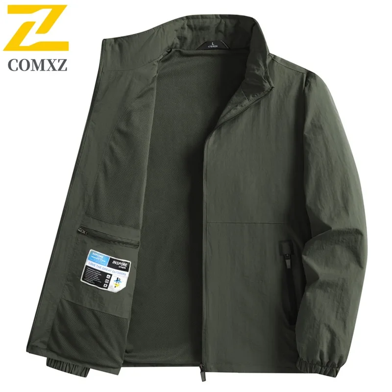 

COMXZ 2025 Spring Autumn Premium Outdoor Windproof Lightweight Cycling Jogger Jacket Mens Stand Collar Loose Fit Minimalist Coat