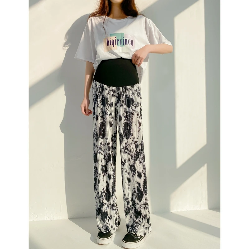 Spring Summer Printed Pleated Chiffon Maternity Long Pants Wide Leg Loose Belly Clothes for Pregnant Women Chic Pregnancy