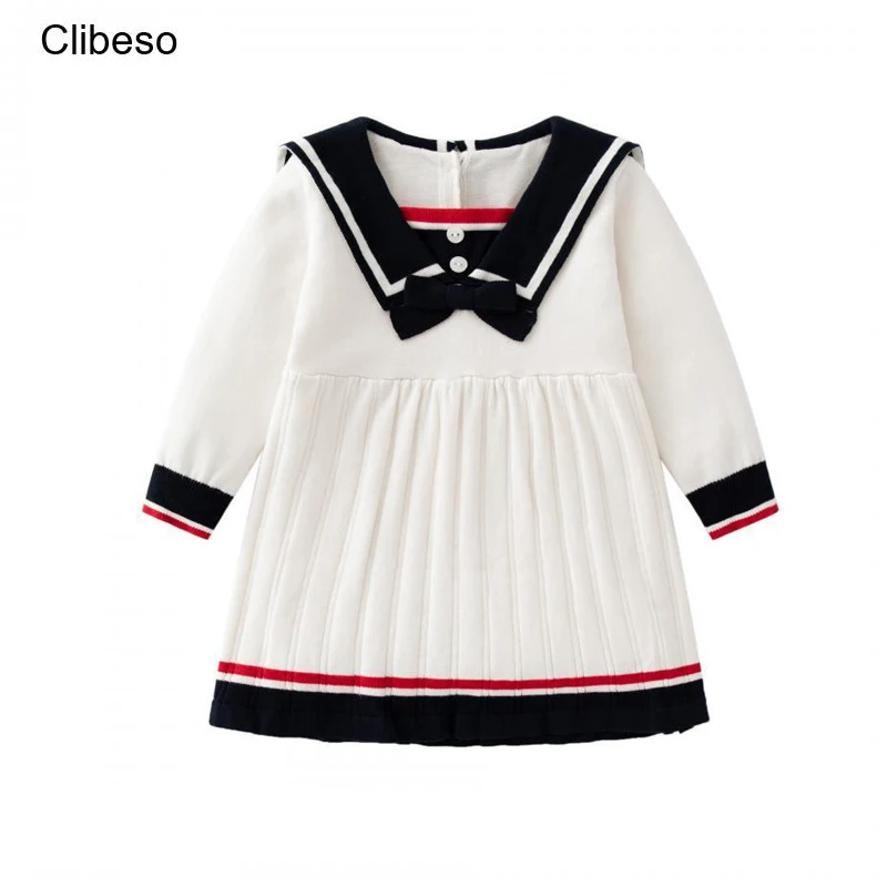 2024 Clibeso Infant Girls Knit Dress for Autumn Winter Baby Girls Preppy Style Beige Pleated Sweater Dresses Children Outfits