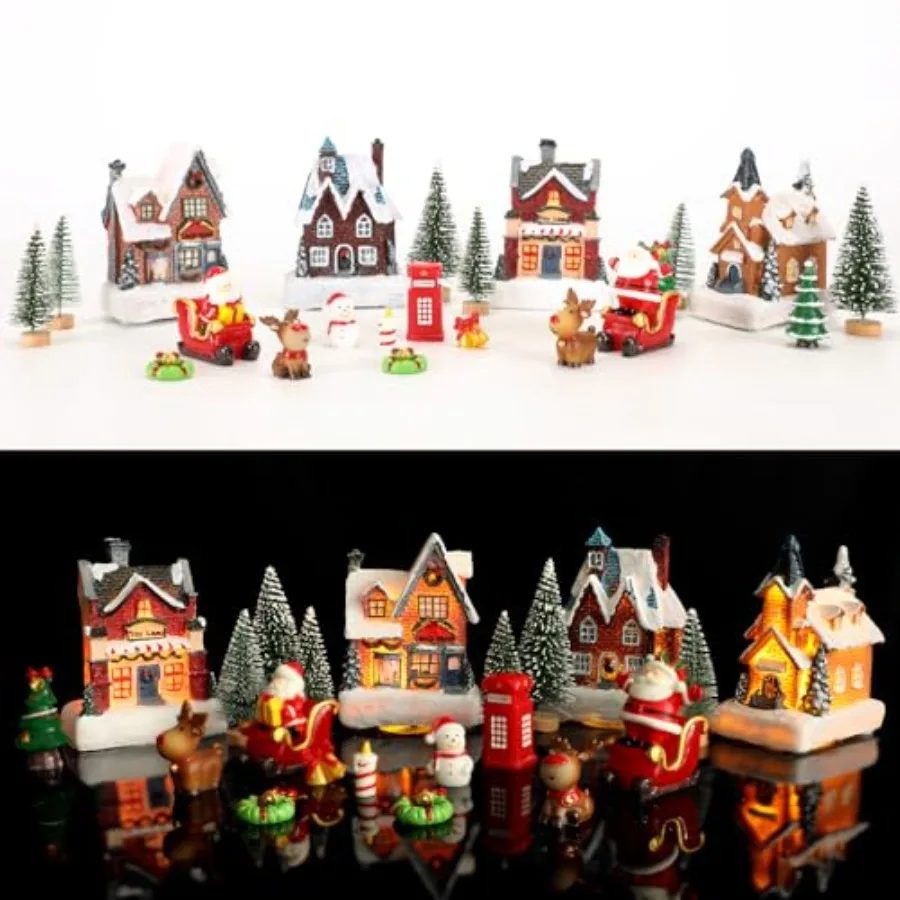 24Pcs Christmas Village Sets, Christmas Village Houses with LED Light, Christmas Town Scene Figurines Building Sets, Christmas